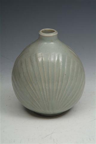 Appraisal: A HENRY HAMMOND CELADON GLAZED FLASK with impressed potter's marks