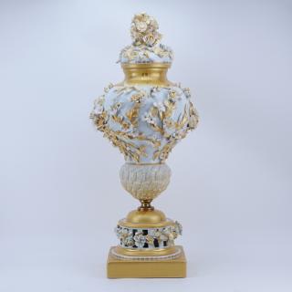 Appraisal: Very Large Mangani Italian Porcelain Covered Urn With Applied Flowers