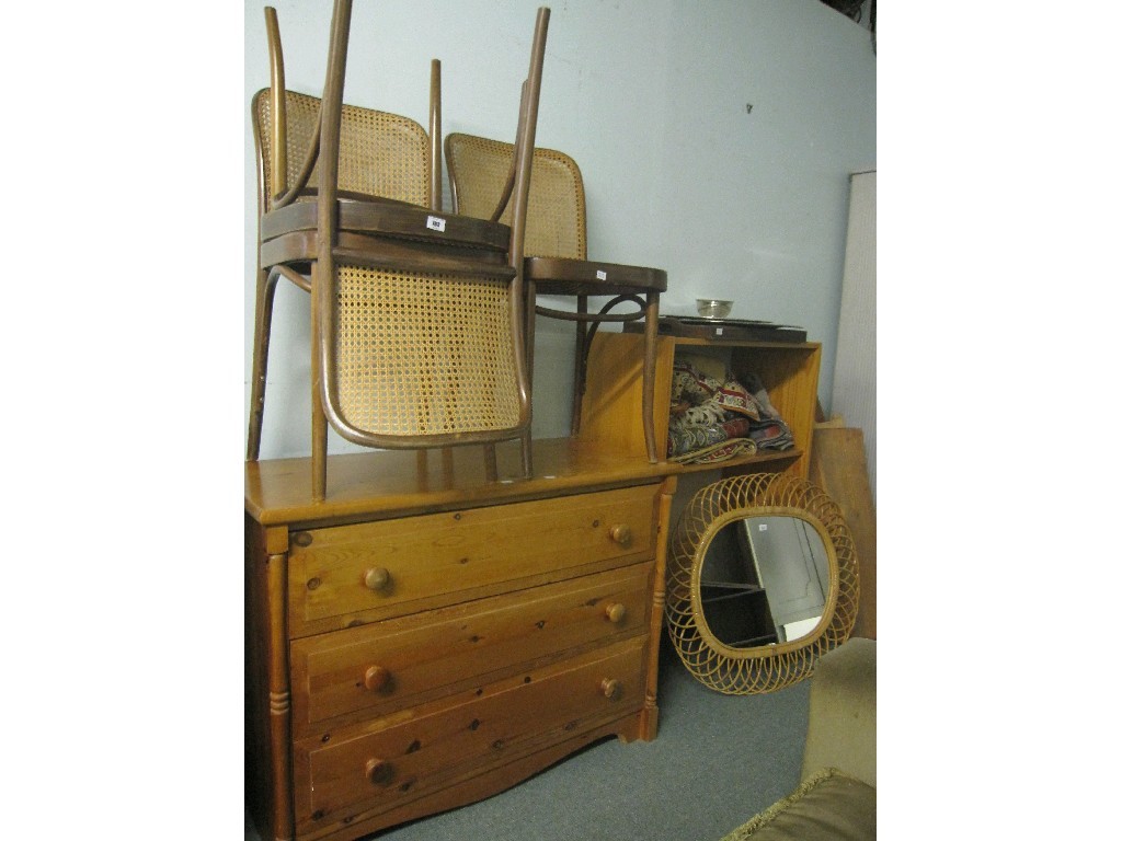 Appraisal: Lot comprising three Bentwood chairs pine chest bookcase mirror two