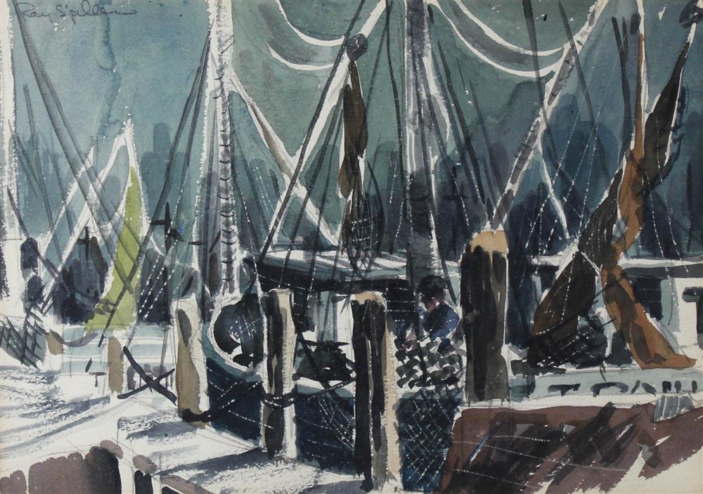 Appraisal: RAY SPILLER SHRIMP BOATS AT NIGHT Watercolor on paper x