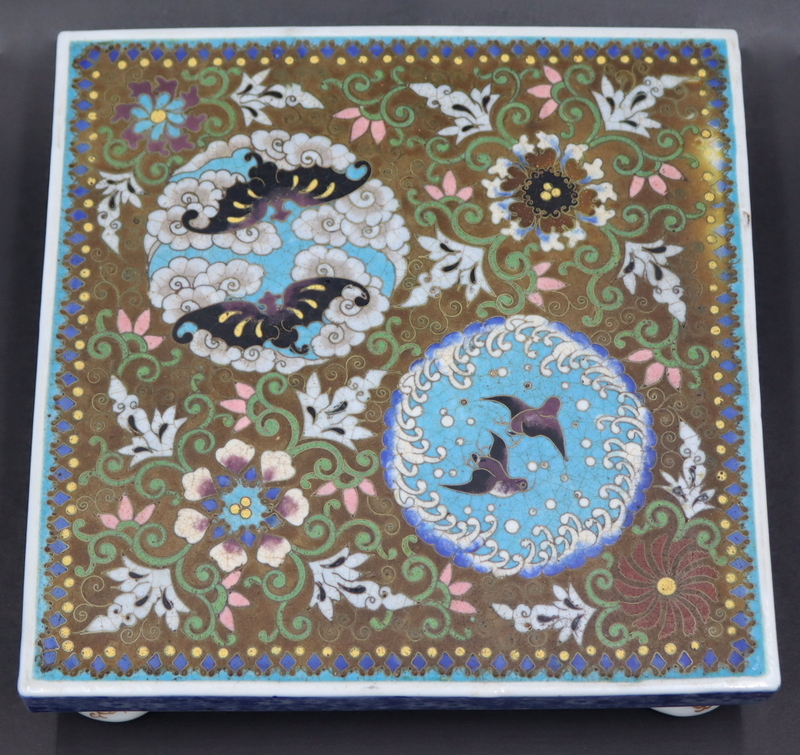 Appraisal: JAPANESE TOTAI CLOISONNE AND PORCELAIN TRIVET Japanese Totai cloisonne and