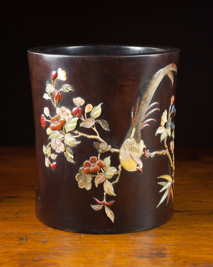 Appraisal: CHINESE HARDWOOD BRUSH POT WITH HARDSTONE INLAY depicting a blossoming