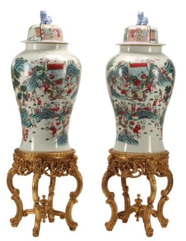 Appraisal: pair Monumental Chinese porcelain covered urns on gilt stands approx