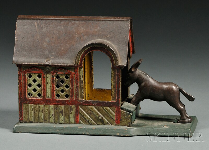 Appraisal: Polychrome Painted Cast Iron Mule Entering the Barn Bank J