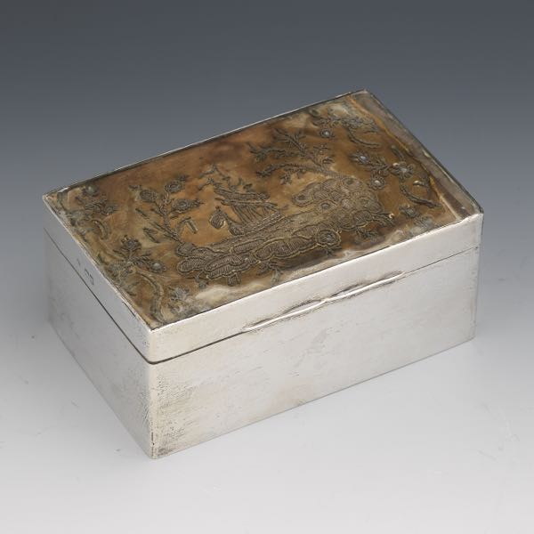 Appraisal: ENGLISH STERLING SILVER AND ANTIQUE BROCADE BOX RETAILED BY DREYFOUS