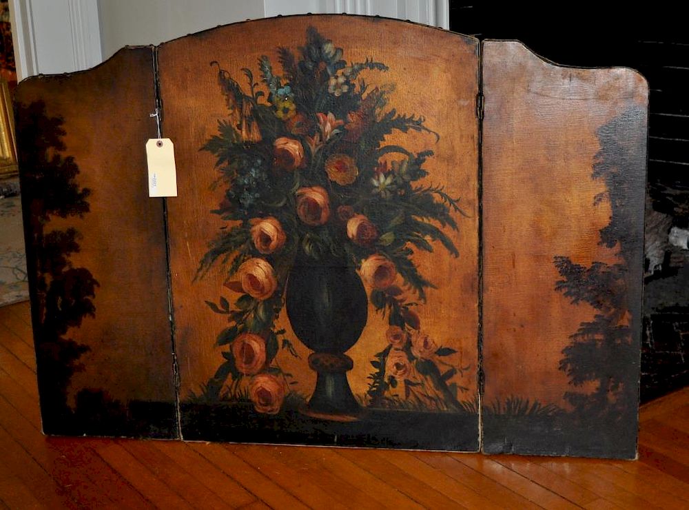 Appraisal: Three Part Painted Firescreen with flowers in vase Edge wear