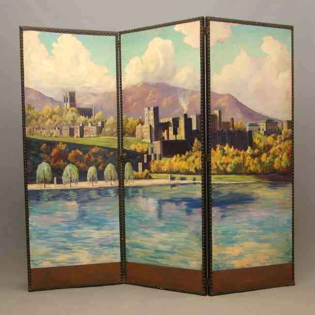 Appraisal: Vintage part screen with West Point scene Each panel ''