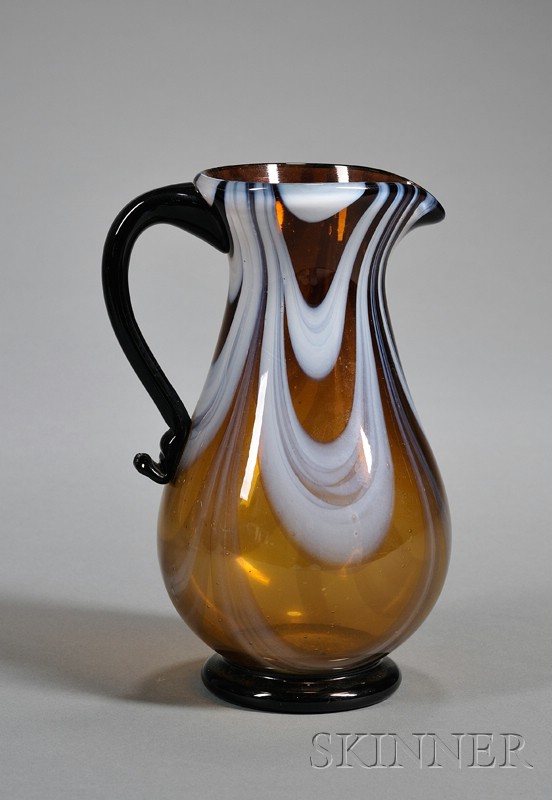 Appraisal: Free-blown Marbrie Glass Pitcher possibly England early th century amber