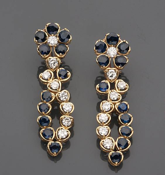 Appraisal: A pair of diamond sapphire and k gold pendant earrings