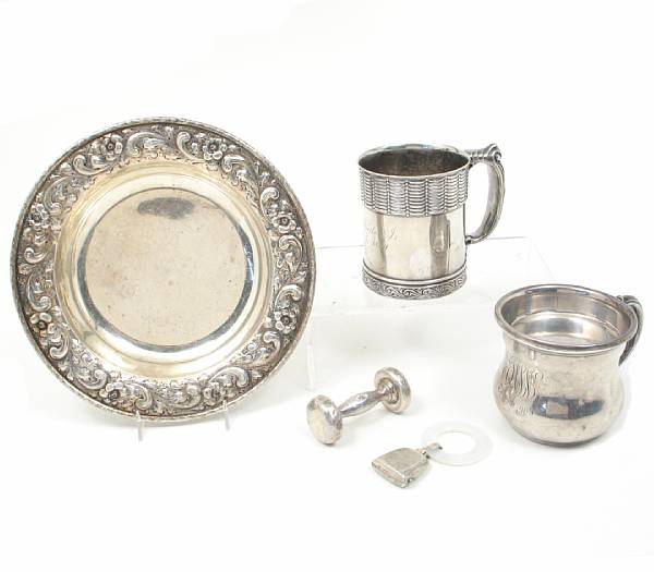 Appraisal: A group of sterling baby items Comprising bowl with chased