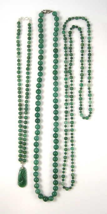 Appraisal: THREE AVENTURINE BEAD NECKLACES including a - inch necklace strung