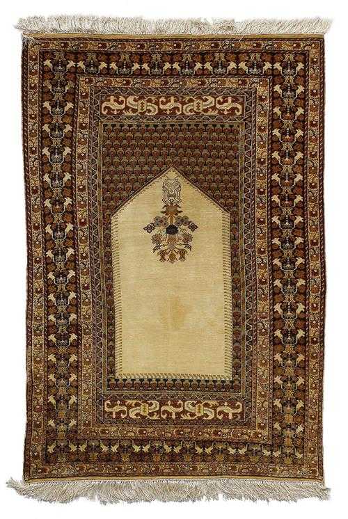 Appraisal: KAYSERI silk prayer antique Yellow mihrab with dark spandrels decorated