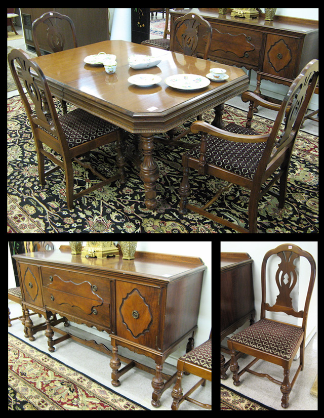 Appraisal: EIGHT-PIECE WALNUT DINING SET American c 's comprising rectangular extension