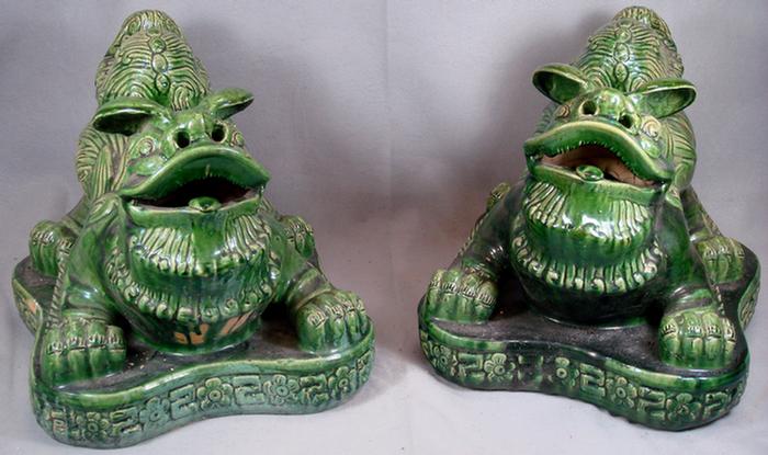 Appraisal: Pr green Chinese pottery foo dogs h l Estimate -