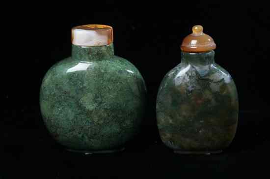 Appraisal: TWO CHINESE MOSS AGATE SNUFF BOTTLES Flattened ovoid-form very well