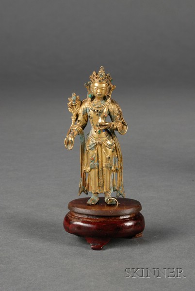 Appraisal: Sino-Tibetan Gilt-bronze Image th century standing figure of Manjushri inset