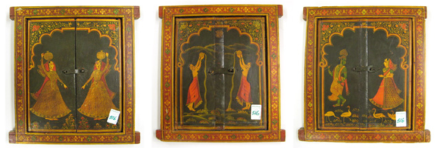 Appraisal: THREE NORTH INDIAN PAINTED WOOD WINDOW SHUTTERS Rajasthan th century