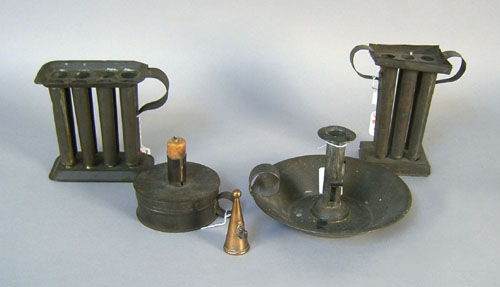 Appraisal: Two tin chambersticks one with flint striker together with two