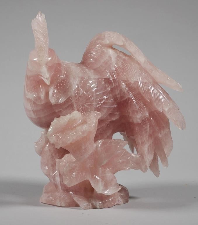 Appraisal: Hand carved pink quartz statue of male chicken Measures tall