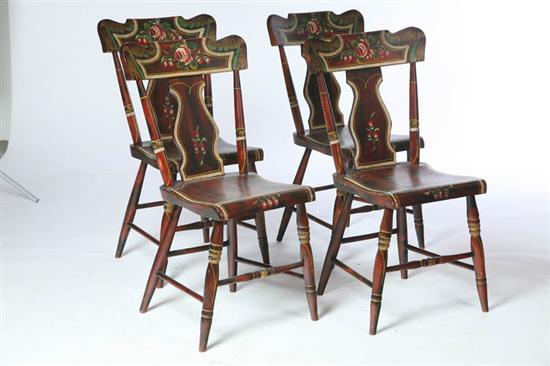 Appraisal: FOUR DECORATED SIDE CHAIRS Pennsylvania mid th century Original red