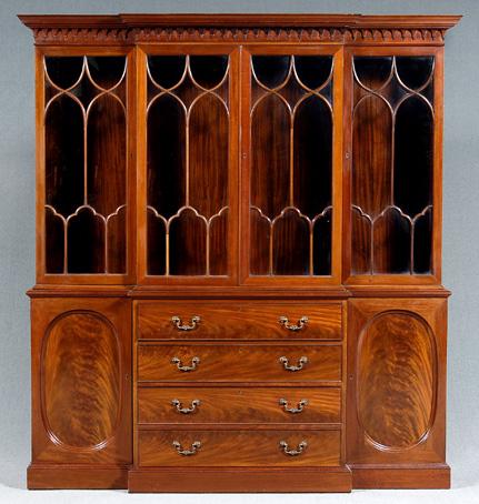 Appraisal: Chippendale style breakfront mahogany with highly figured mahogany veneers removable