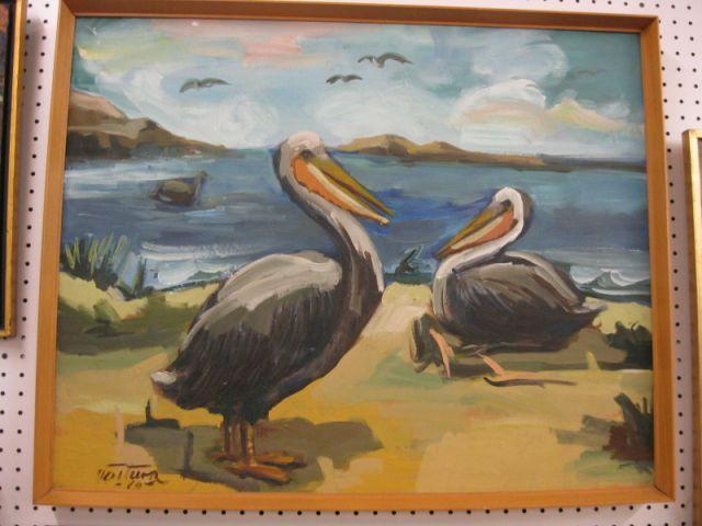 Appraisal: Ventura Oil Pelicans Along the Shore Peruvian artist image area