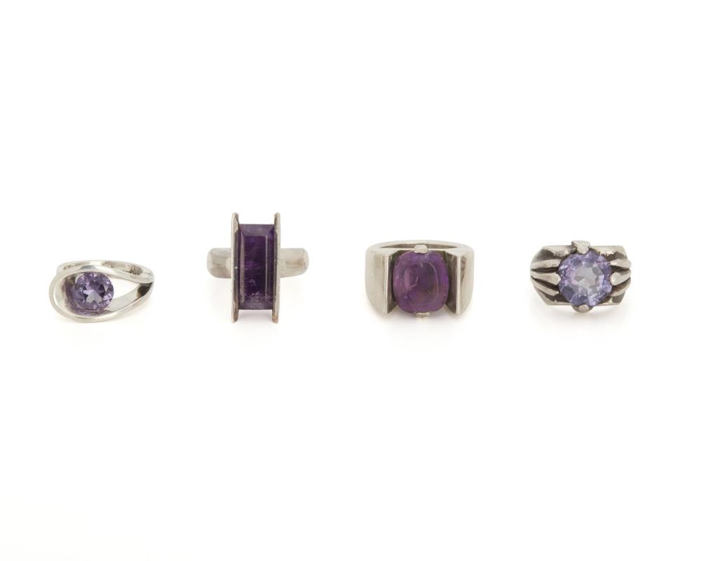 Appraisal: Four Antonio Pineda silver and gemstone rings Post- Taxco Mexico