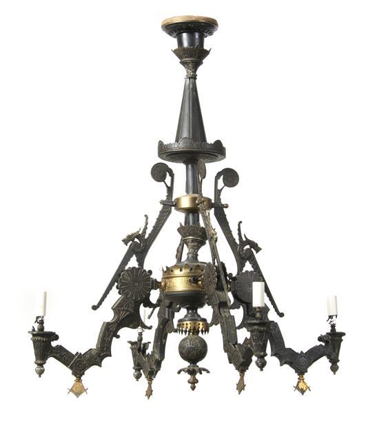 Appraisal: n Aesthetic Movement Cast Metal Four-Light Chandelier the painted baluster