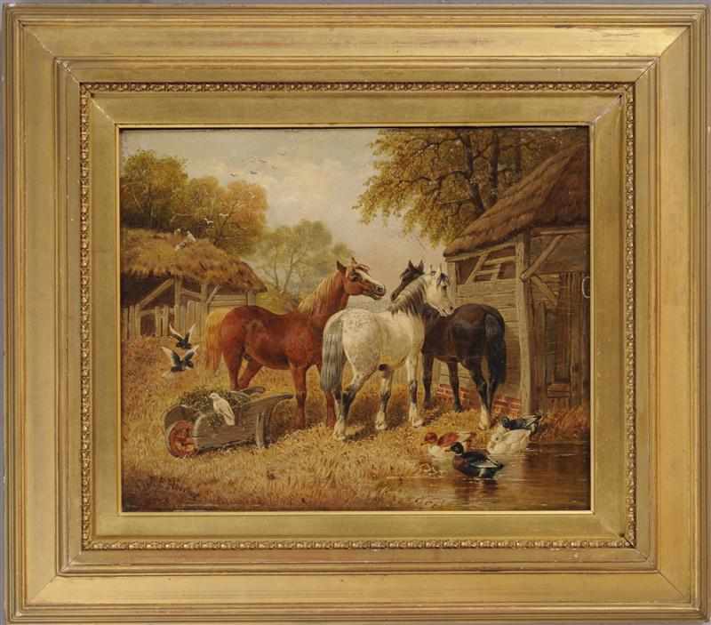 Appraisal: JOHN FREDERICK HERRING HORSES DUCKS AND PIGEONS Oil on wood