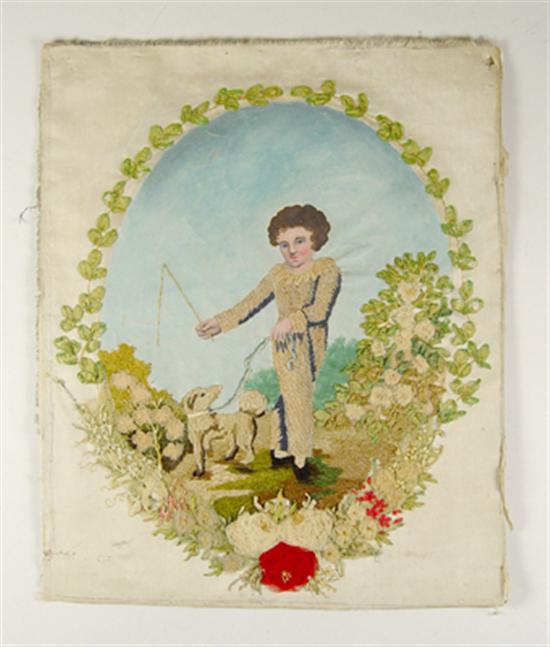 Appraisal: English Embroidery Painted Scene th Century Scene of boy with