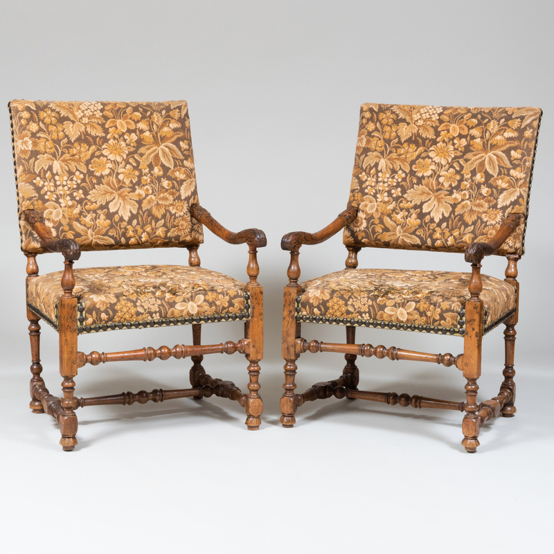 Appraisal: Pair of Louis XIII Carved Fruitwood and Tapestry Upholstered Fauteuils