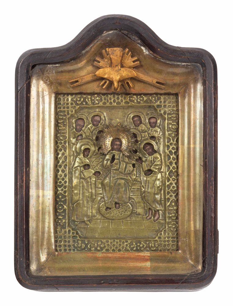 Appraisal: A Russian Pressed Brass Oklad Mounted Icon in Case A