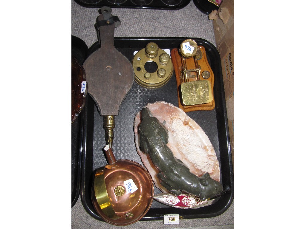 Appraisal: Tray lot to include tiger ashtray postage scales bellows etc