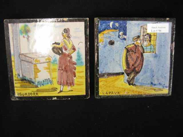 Appraisal: Pair of Spanish Pottery Tiles handpainted scenes with maidens courting