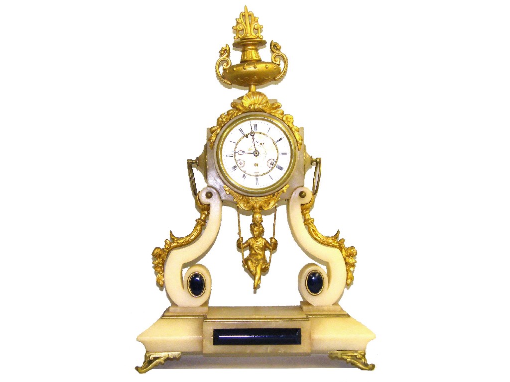 Appraisal: French white onyx two train mantel clock the Japy movement