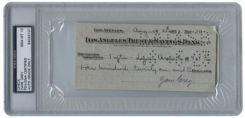 Appraisal: Zane Grey Signed Check Grey Zane Zane Grey Signed Check