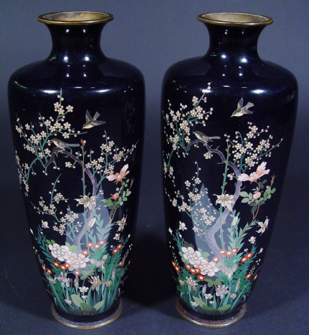 Appraisal: Pair of oriental cloisonne vases each finely enamelled with birds