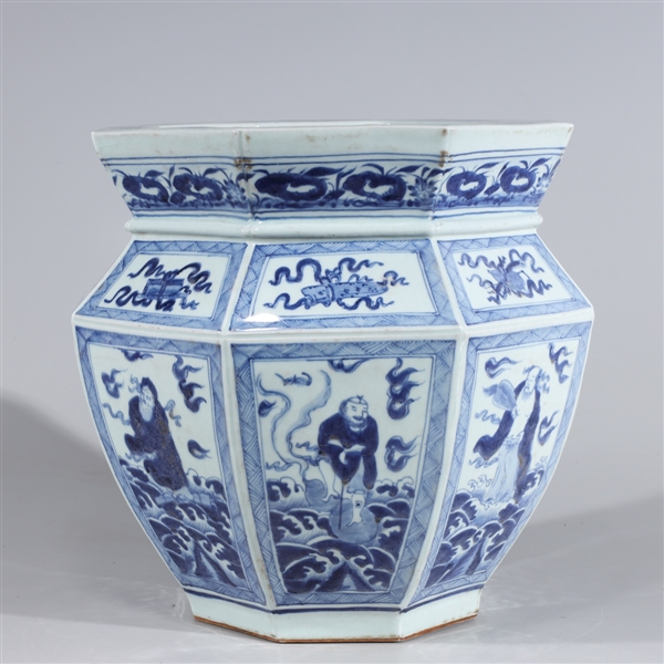 Appraisal: Large Chinese blue and white faceted octagonal porcelain vessel with