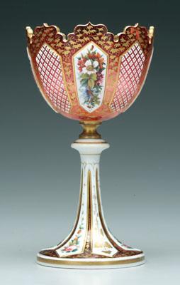 Appraisal: Cased glass compote goblet form white cut to cranberry extensive