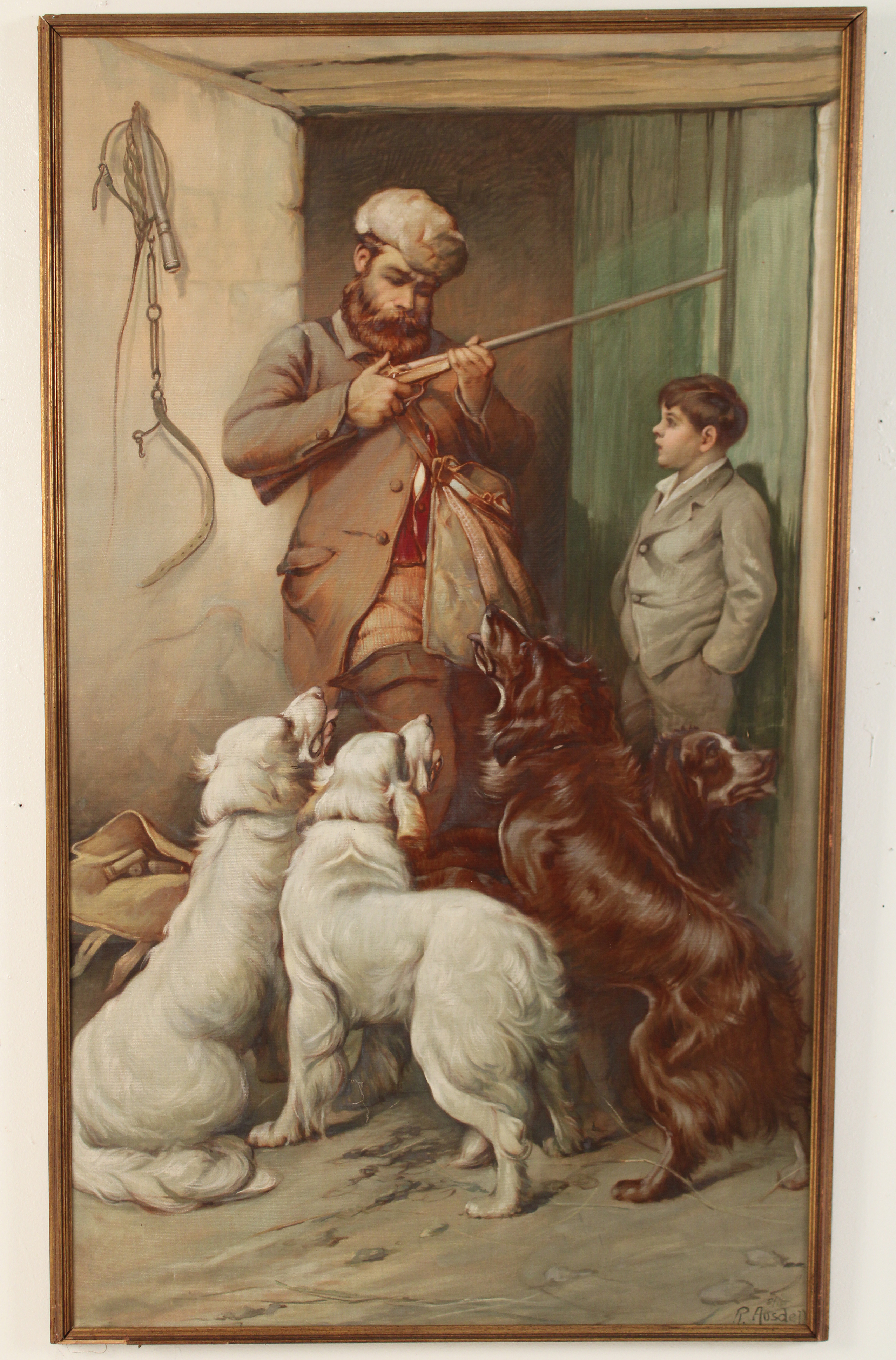 Appraisal: OIL PAINTING OF HUNTER AND DOGS Large oil on canvas