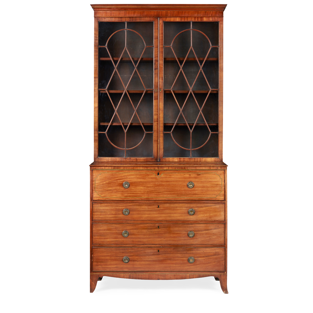 Appraisal: GEORGE III STYLE MAHOGANY AND BURRWOOD SECRETAIRE BOOKCASE LATE TH