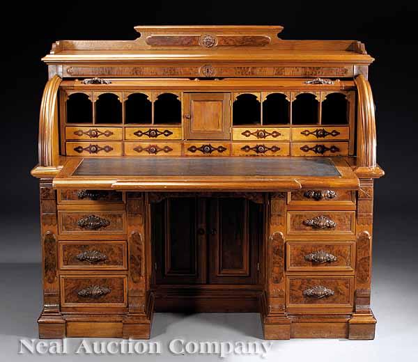 Appraisal: A Good American Renaissance Burl Walnut Cylinder Desk late th