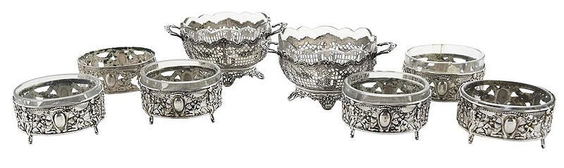 Appraisal: Eight Silver and Glass Open Salts set of six openwork