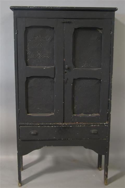 Appraisal: AMERICAN BLACK PAINTED AND PIERCED TIN PIE SAFE