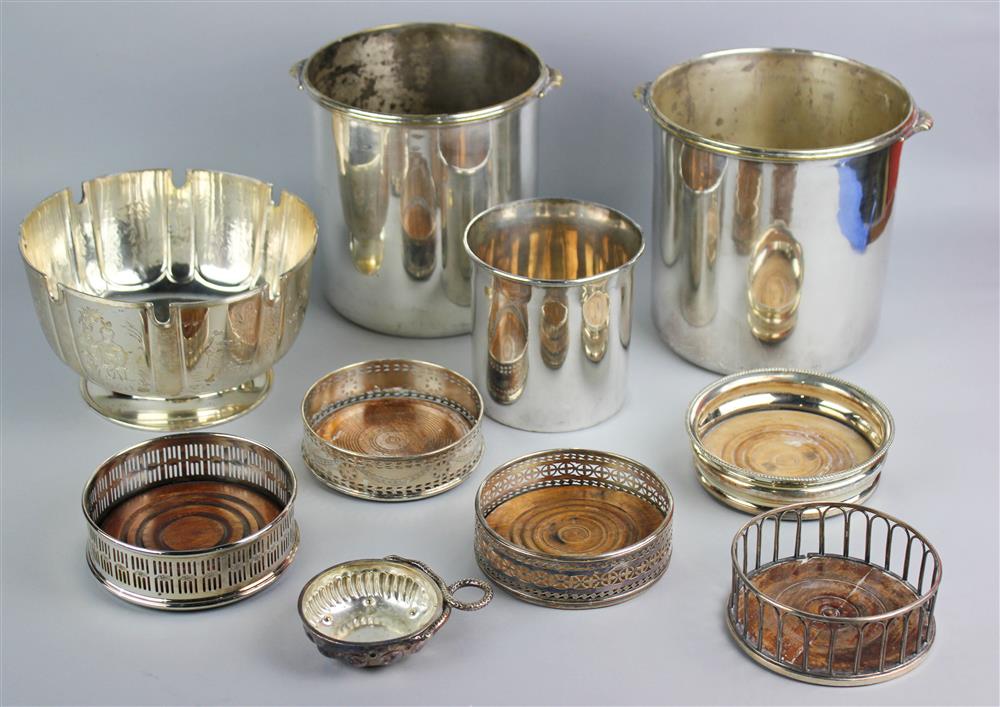 Appraisal: GROUP OF SILVERPLATED WINE ARTICLES including five wine bottle coasters