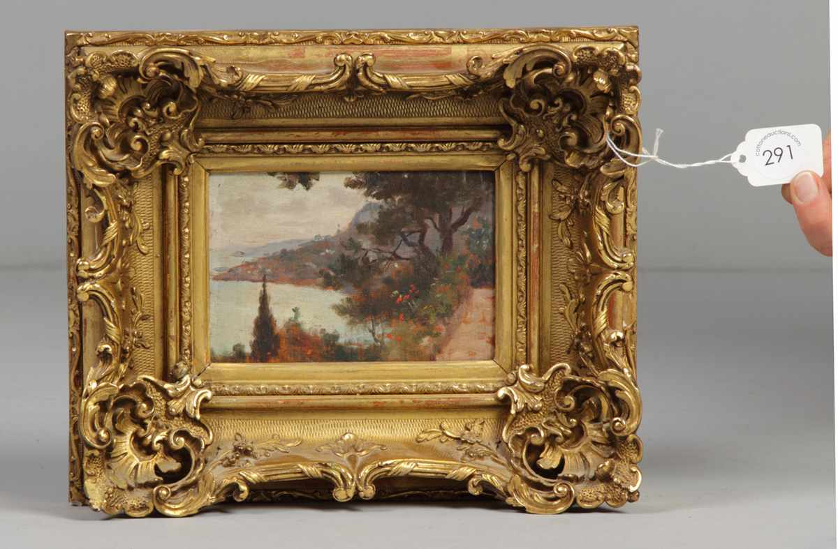 Appraisal: Unsgn Oil board landscape in elaborate gilt wood frame Unsgn