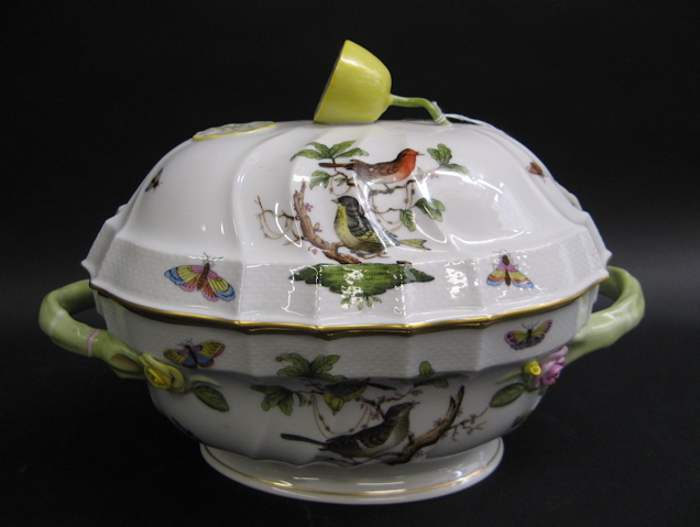 Appraisal: LARGE HEREND PORCELAIN COVERED BOWL double handled with applied lemon