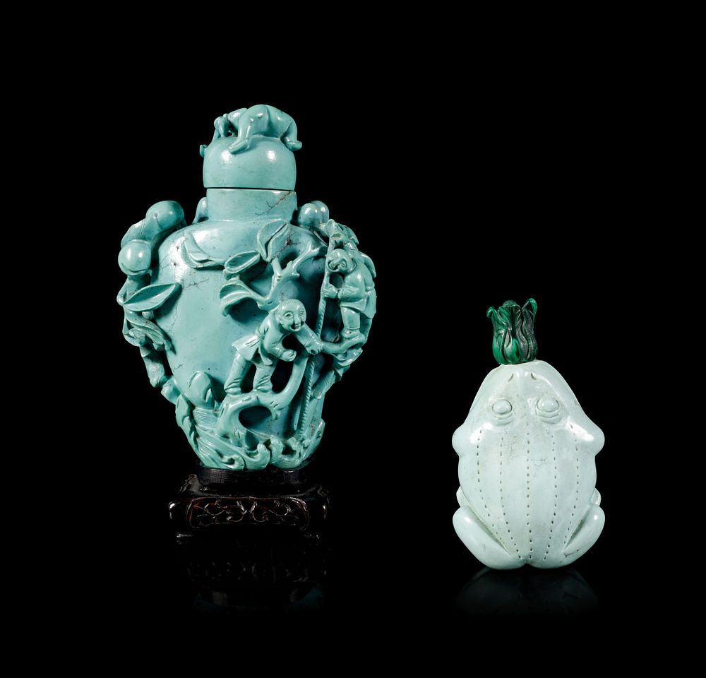 Appraisal: Two Turquoise Snuff Bottles Height of taller overall in cm