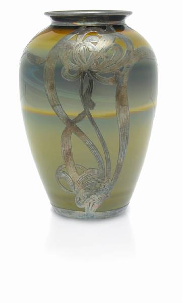 Appraisal: A Quezal silver-overlaid glass vase circa overlay impressed STERLING glass