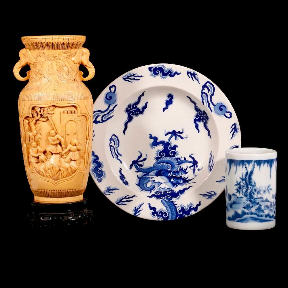 Appraisal: Three Asian style objects A Mason's ironstone dish measuring inches